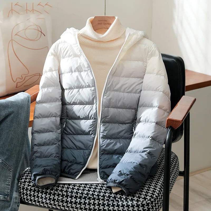 秋冬グラデーションフード付きダウンジャケット レディース 暖かい 軽量 薄手 ホワイトダックダウンコート レディース 大きいサイズ パフパーカー ショート丈 アウター