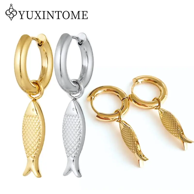 

YUXINTOME 925 Sterling Silver Ear Needle Grid Scales Small Fish Pendant Hoop Earrings For Women vintage Niche Jewelry Gifts