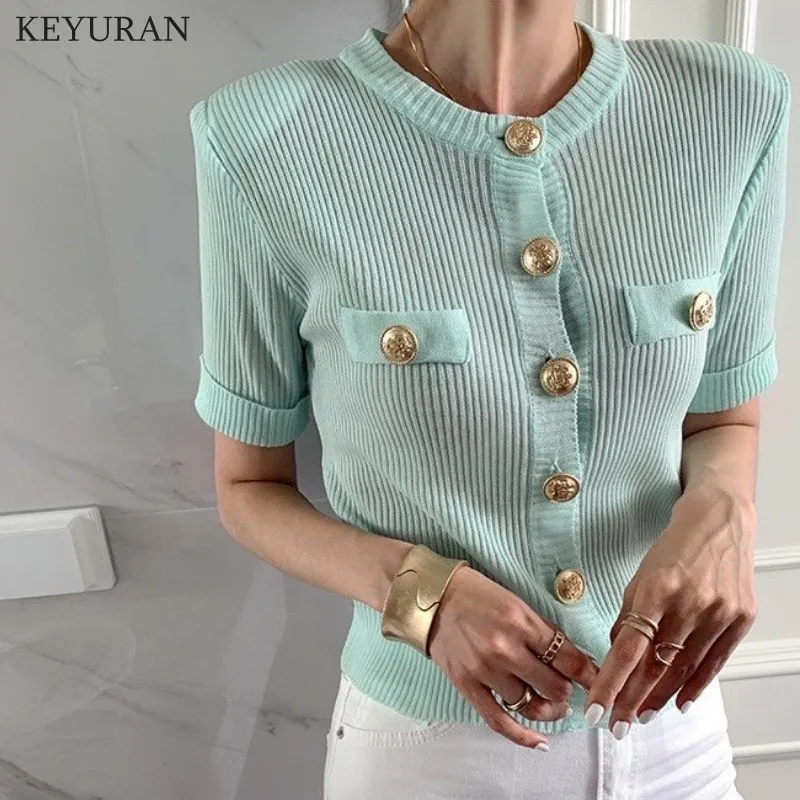 Woman Chic Cardigan Summer Elegant Temperament O-neck Big Button Design Slim Solid Versatile Female Short Knitting Top