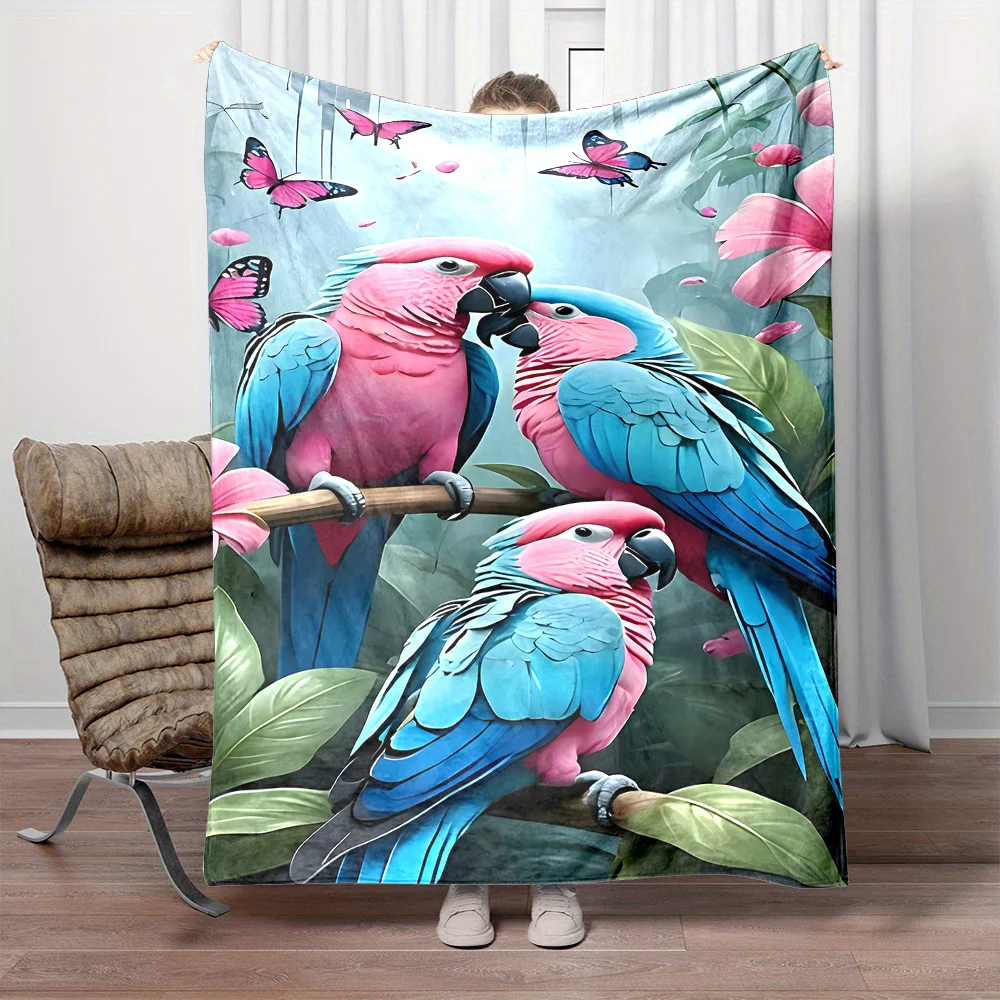 Colorful Parrot Print All-Season Small Throw Blanket, Polyester Flannel Fabric, Reversible, Contemporary Style, Cartoo