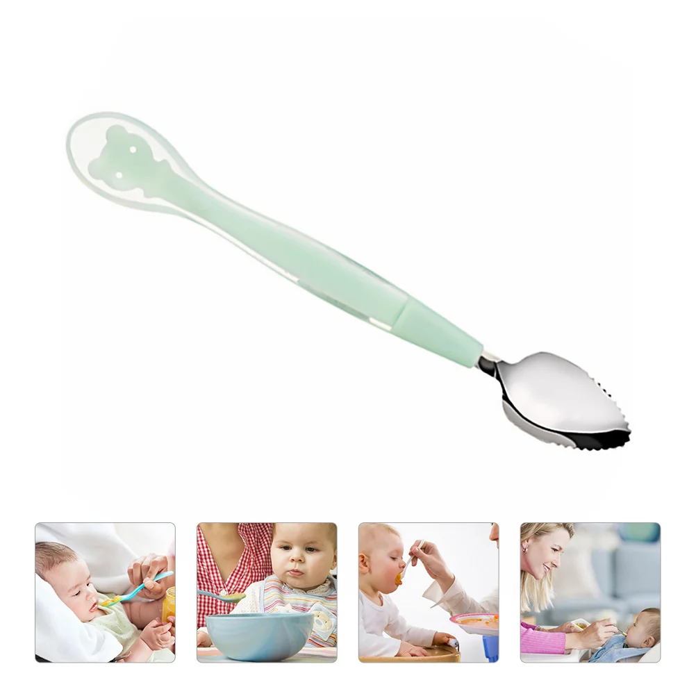 2 ชิ้นช้อนอาหารเสริมผลไม้ Puree Scoop Feeding สําหรับเด็กทารกซิลิโคนสแตนเลสเด็ก