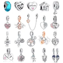 Original 925 Sterling Silver Charms Family Tree Love Heart Mom Pendant Beads Fit Pandora Bracelets Necklaces Women DIY Jewelry