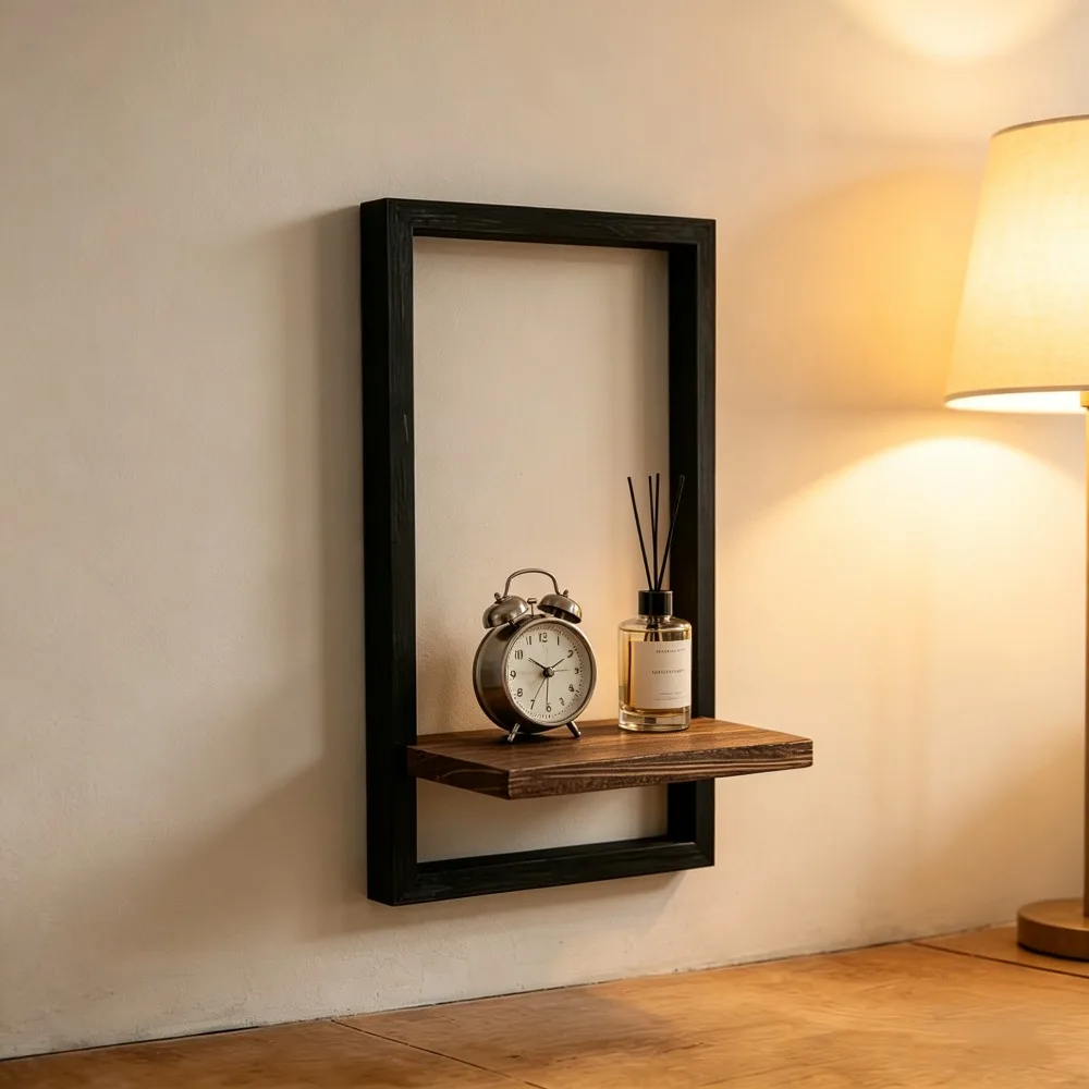 Black Frame Wooden Wall Mounted Shelf Floating Hanging Display Rack Candle Decor Plant Photo Small Ornament Bedroom Living Room