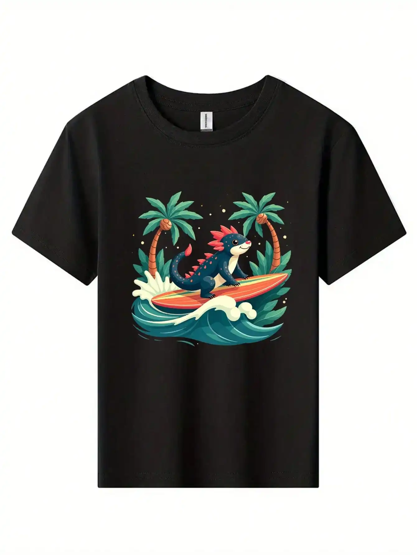 

Хлопковая футболка с динозавром для серфинга, черная футболка с динозавром и пальмовыми деревьями, летние топы для серфинга