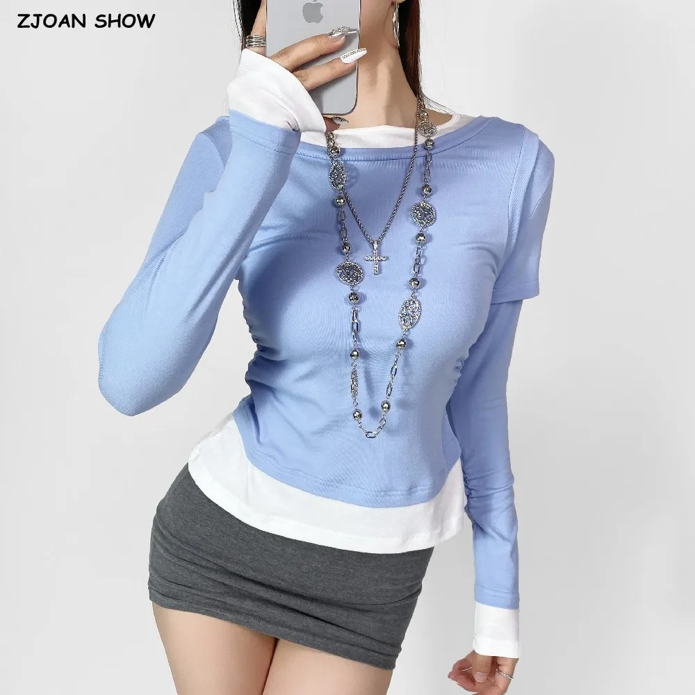 2024 Autumn Causal False 2 pieces T-shirt Slash Collar Full Sleeve Tee Side Ruched Elastic Waist Pullover Crop Top 5 colors