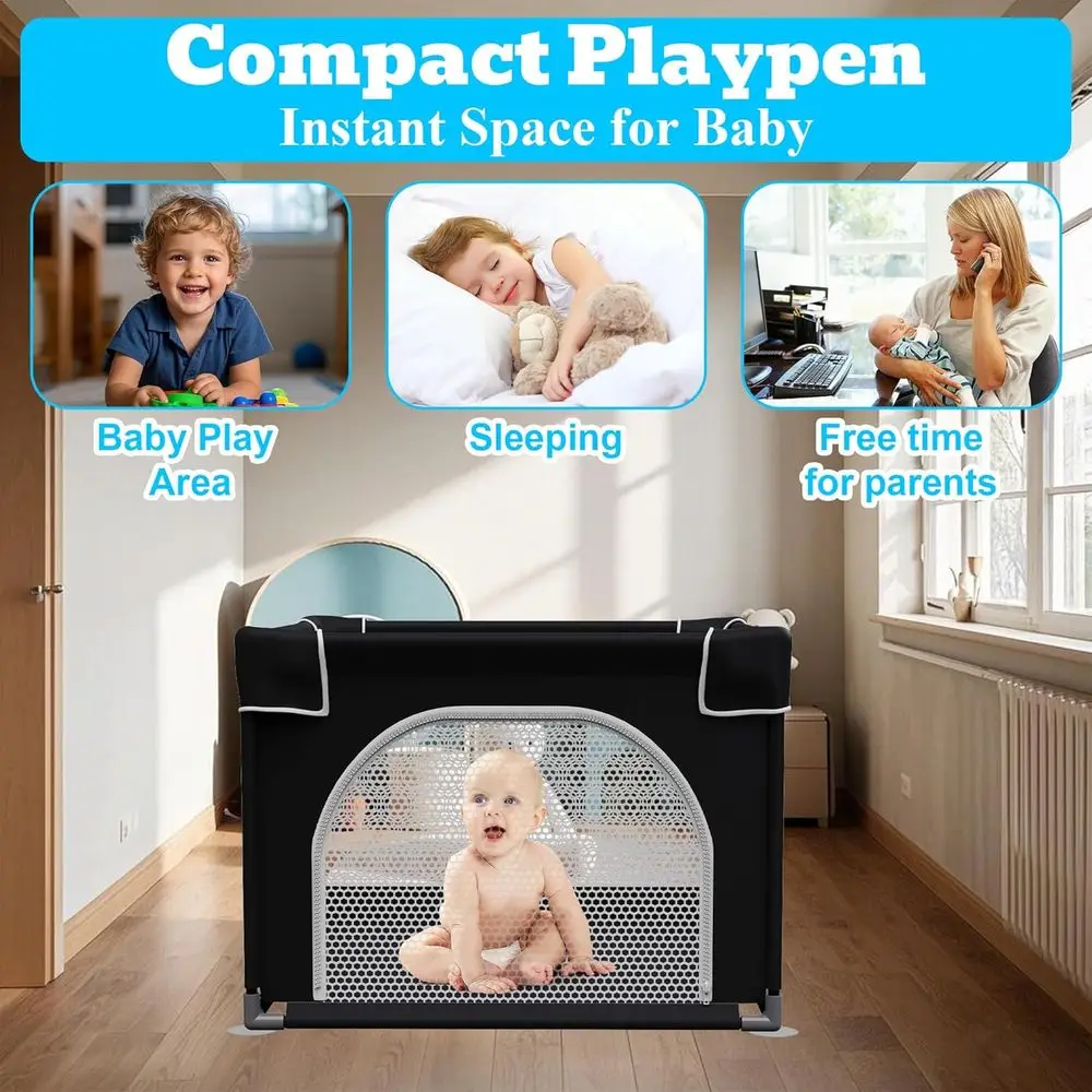 Portable Toddler Playpen with Mat, Compact Play Yard for Indoor & Outdoor, Durable Baby Safety Enclosure (Black, 36x36)