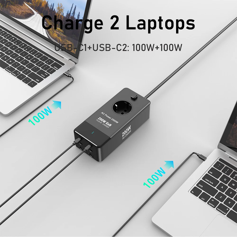 200W Fast Charging Station Power Strip GaN USB C PD 100W Charger 7 in 1 Power Adapter for MacBook Pro iPhone 15 Laptops Tablets