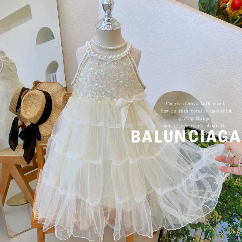 

Модное сетчатое платье принцессы с пайетками без рукавов для девочек