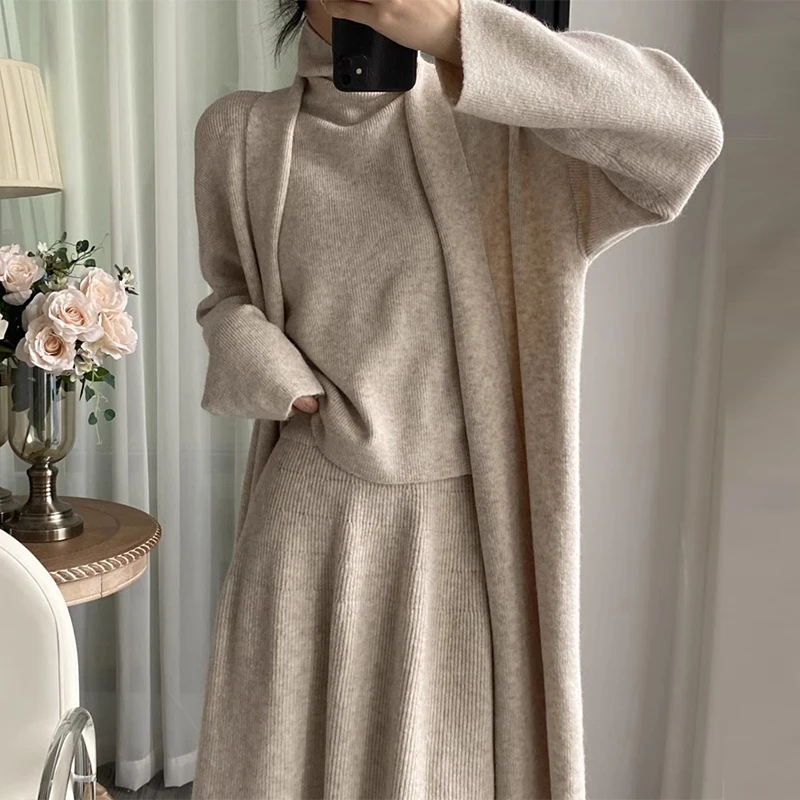 

Elegant Knitted Vest Long Sweater Coat Half Skirt Three-Piece Set Autumn Winter Fashion Business Style for Young Women