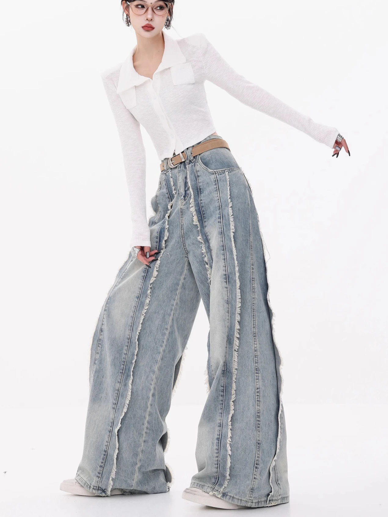 CHEERART Wide Leg Light Blue Jeans Women 2024 Fashion High Waist Patchwork Long Jeans Denim Baggy Pants Street Wear Clothes