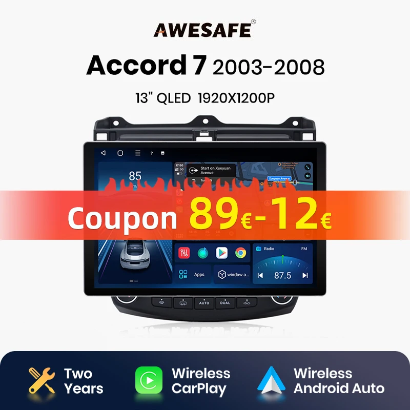 AWESAFE X7 MAX 13.1“ 2K AI Voice Wireless CarPlay Android Auto  for Honda Accord 7 2003 - 2008 Car Radio Multimedia autoradio