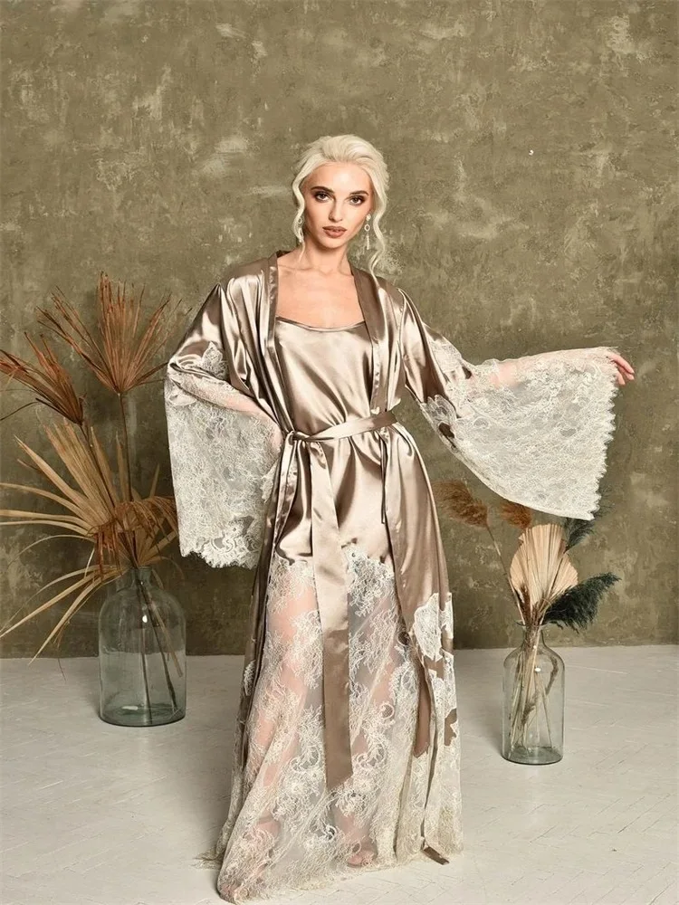 Aangepaste twee stukken bruid nachtkleding gewaden zijde satijn kant lange mouwen jurk jurken vrouwen bruids nachtkleding babydoll pyjama