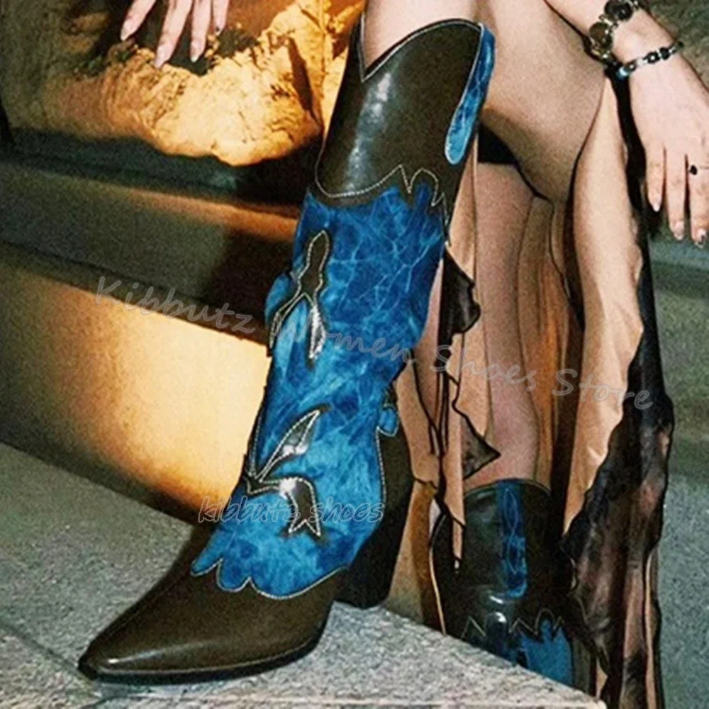 

Cowboy Knee High Boots Vintage Genuine Leather Elegant Fashion Concise Sexy Novelty Mixed Color Side Zipper Women Shoes Newest