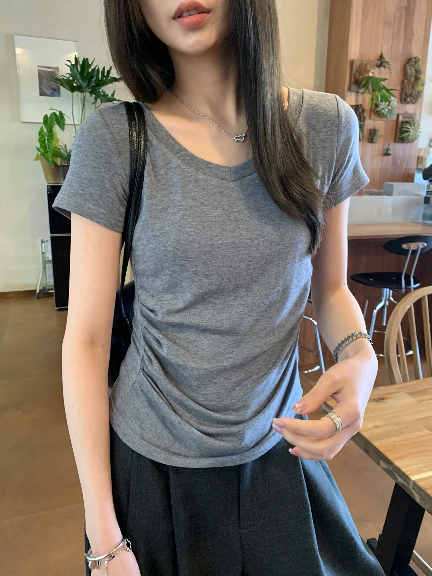 Ayi 26ss Silk Wool Heart Collar T-Shirt Women Summer Irregular Slim Fit Top Drawstring Short Sleeve Casual Style Universal Fit