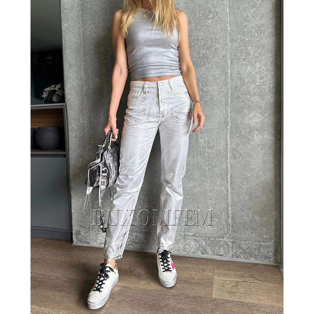 Nuovi Jeans Vintage Jeans dritti a gamba larga estate femminile nuova moda argento oro donna pantaloni in Denim metallico stile Streetwear