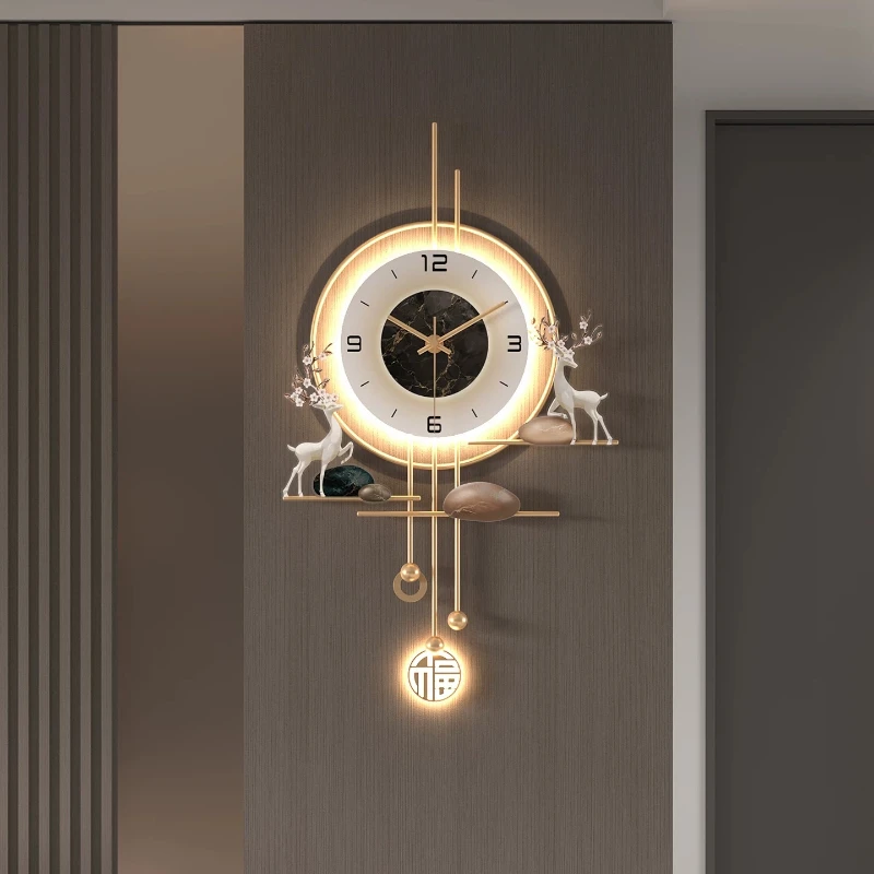 Minimalist Metal LED Wall Clock TV Background Deer Clock Wooden Grille Decoration With Lights Watch Mute Quartz Clock Home Decor
