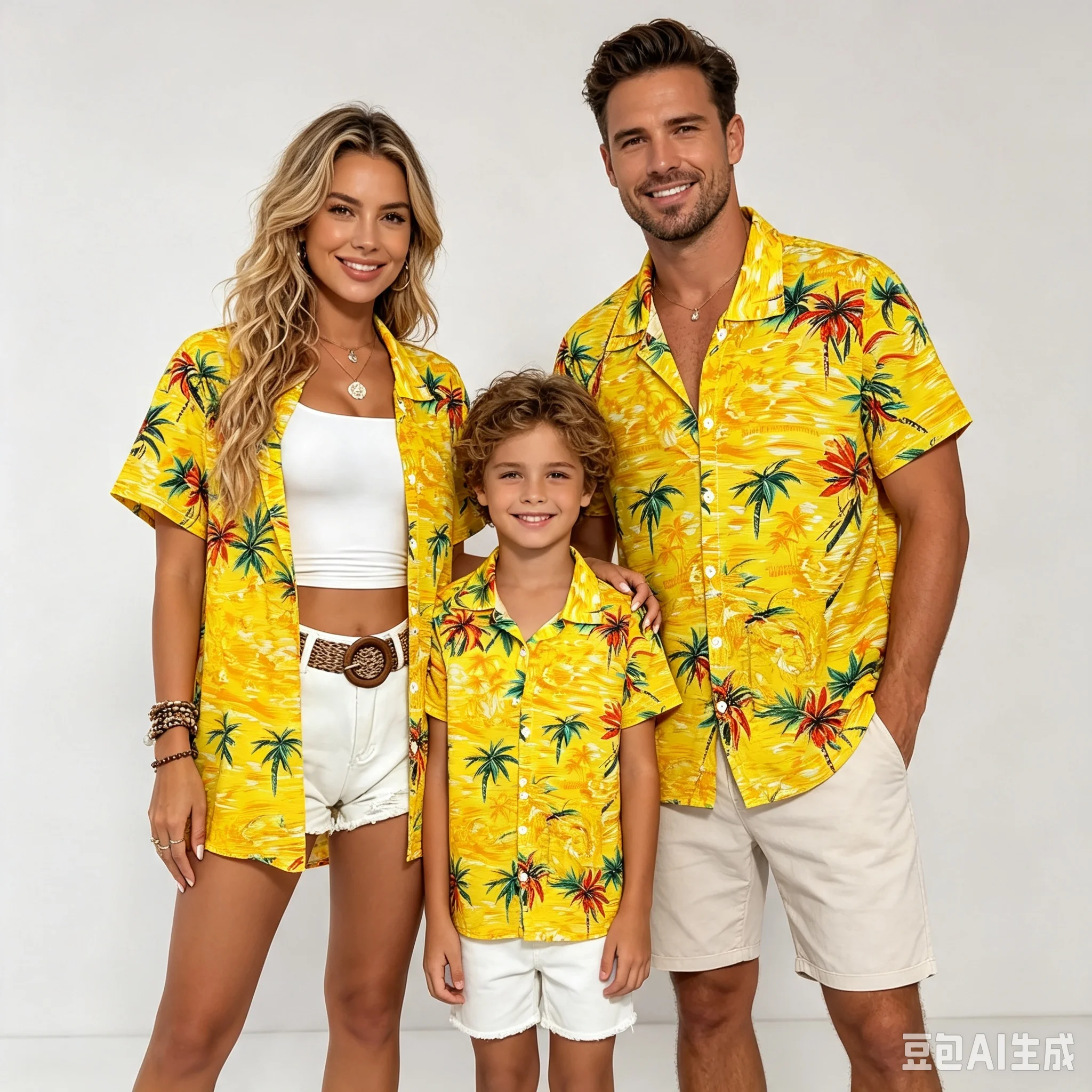 Family Matching Outfits Hawaii Style Shirts Summer Tropical Palm Tree Floral Print Short Sleeve Turn‑down Collar Blouse Mom Dad