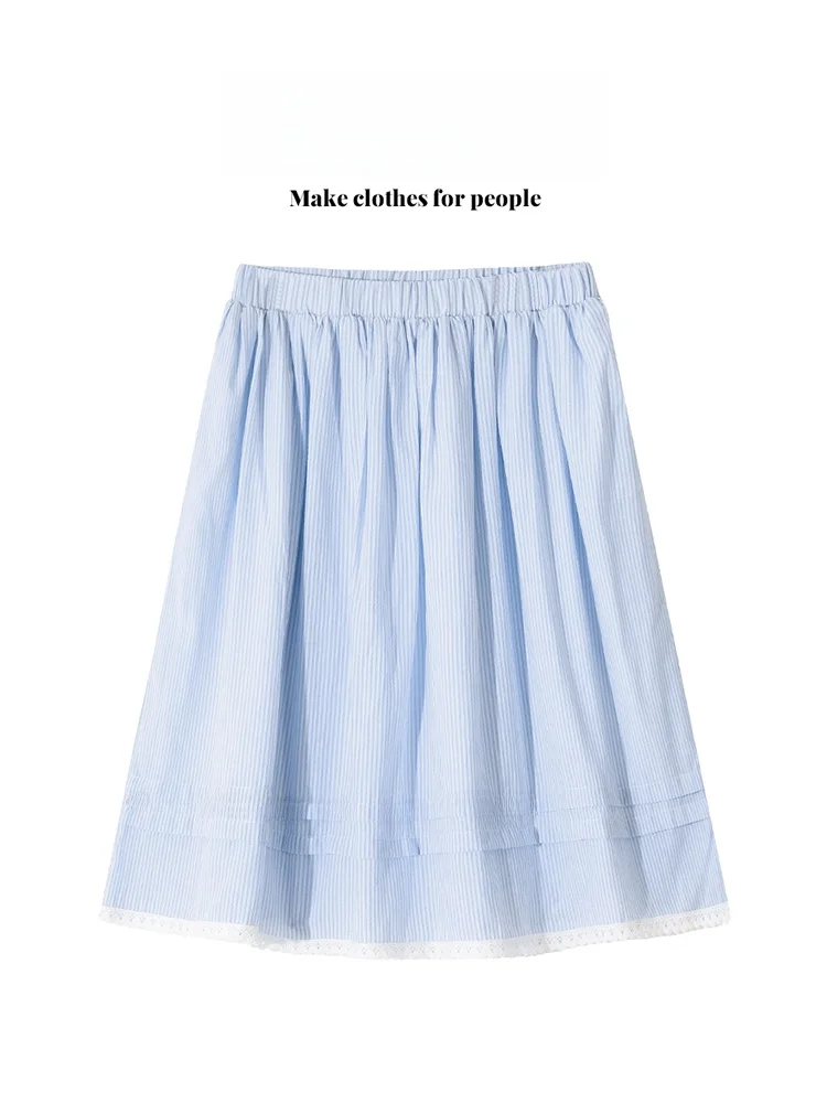 

Bella High Waist Loose A-Line Skirt with Lace Trim Blue Stripes Women's Summer Faion Gentle Slimming Skirts