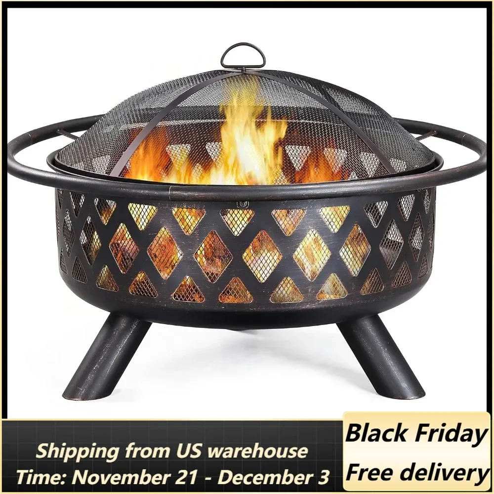 Fire Pit 36in Outdoor Wood Burning Fire Pits Wood Large Fire Bowl for Outside BBQ Bonfire Patio with Mesh Spark Screen