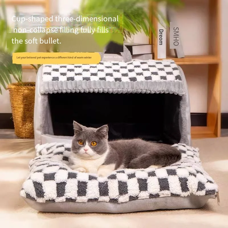Cat bed Winter insulation and closed design Chessboard pattern drawer Dog bed Pet padded bed with handle for easy lifting