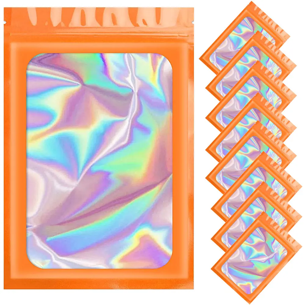 

50-100pcs Orange Ziplock Bag Holographic Laser Color Pouch with Clear Window for DIY Jewelry Display Handicrafts Nail Packaging