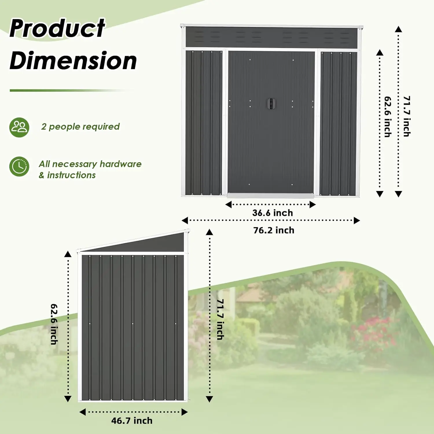 Imagem -06 - Armazenamento ao ar Livre Metal Shed Kit Duplo Telhado Inclinado Dupla Maçanetas e Aberturas de ar Galvanizado com Porta Deslizante Cinza Pés 6ft