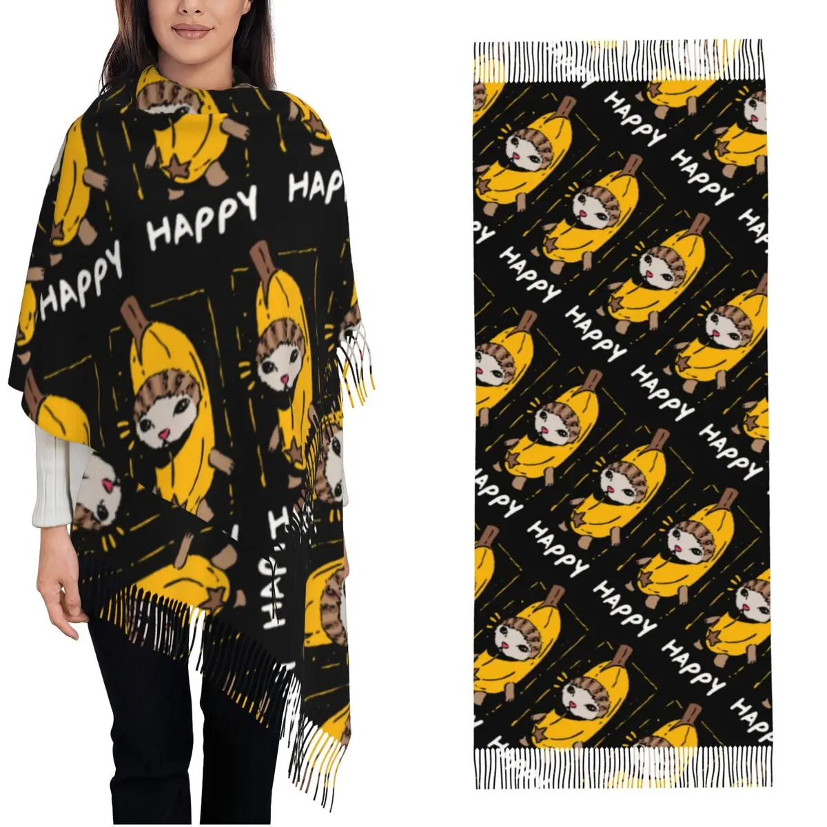 Happy Banana Cat Funny Meme Shawl Wrap Women Winter Large Soft Scarf Pashminas Tassel Scarves