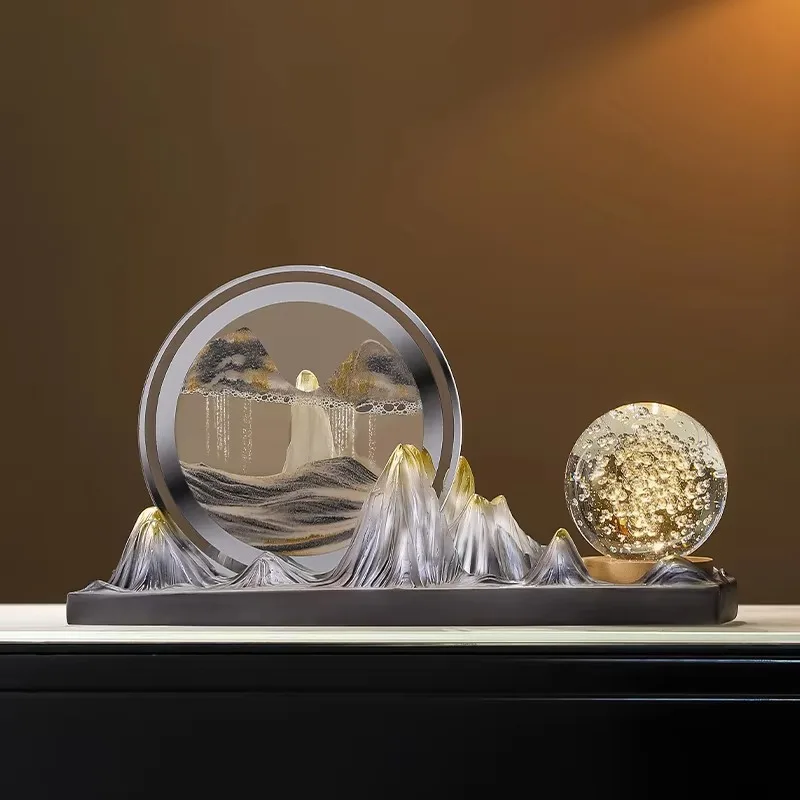 Layered Blue Mountain Tabletop Decor Double Ring Frame Sand Flow Scene Gold Flake Filled Sphere Flat Long Base Desk Display