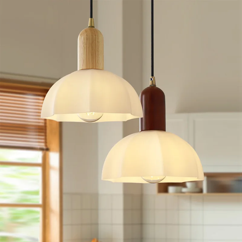 Nordic Dining Room Ceiling Pendant Light Decorate Home Living Room Walnut Wood Milk White Glass Lamp Kitchen Island Hanging Lamp