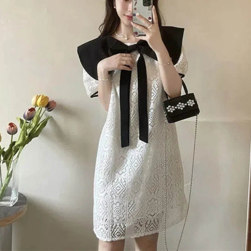 

England Sailor Collar Bow Spliced Age Reduction Summer New Lace Hollow Out Short Sleeve Straight Loose Cover Meat Dress Female