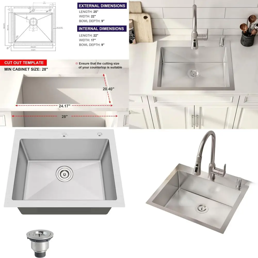 

Кухонная мойка с верхним монтажом, 25 дюймов, одинарная чаша, 25x22, нержавеющая сталь 304, 16G, матовый никель, с сифоном