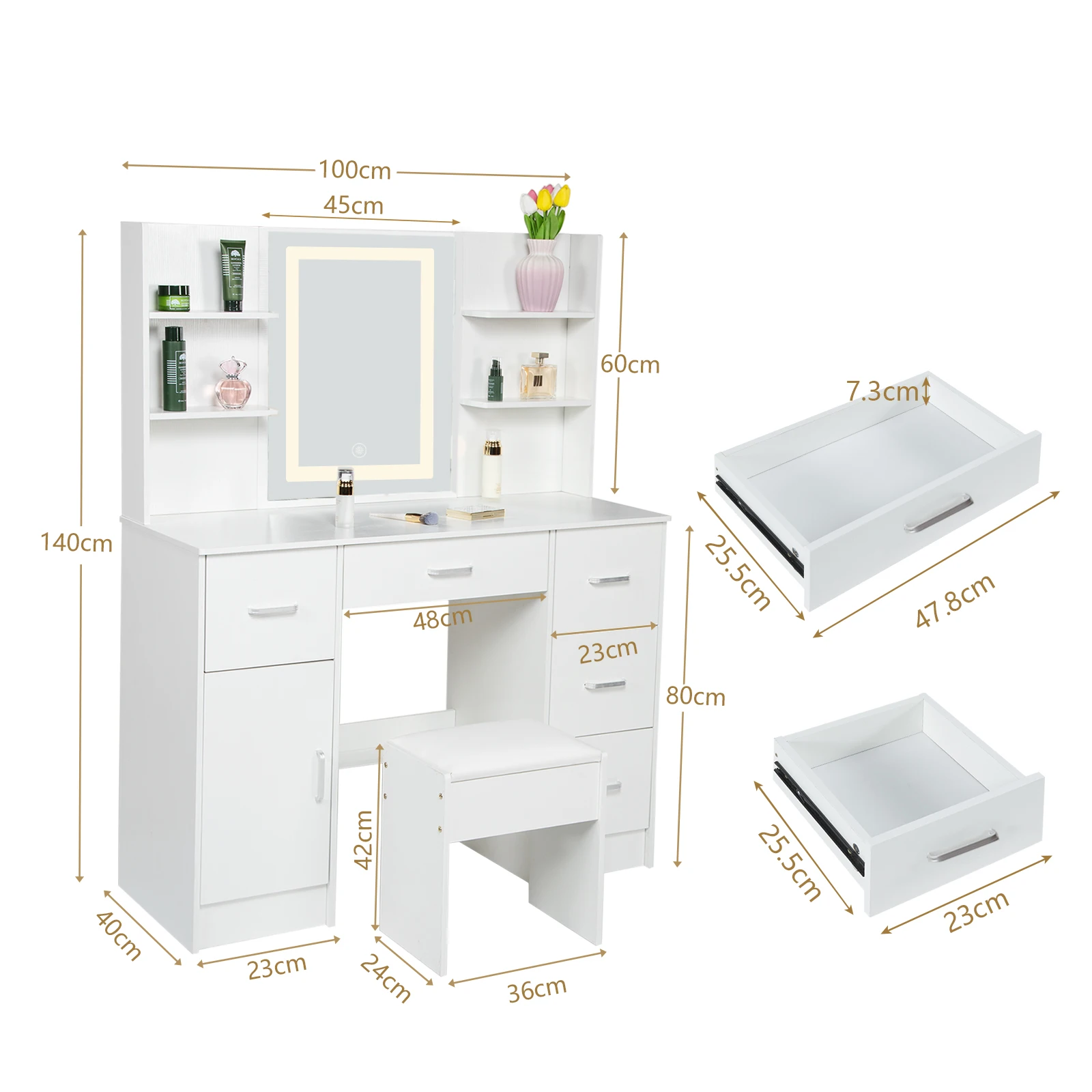【صفقات 11.11، عروض الجمعة السوداء 2025】مجموعة مقاعد كبيرة لطاولة الزينة مع مرآة مكياج LED ذكية مكونة من 6 أدراج مكتب زينة