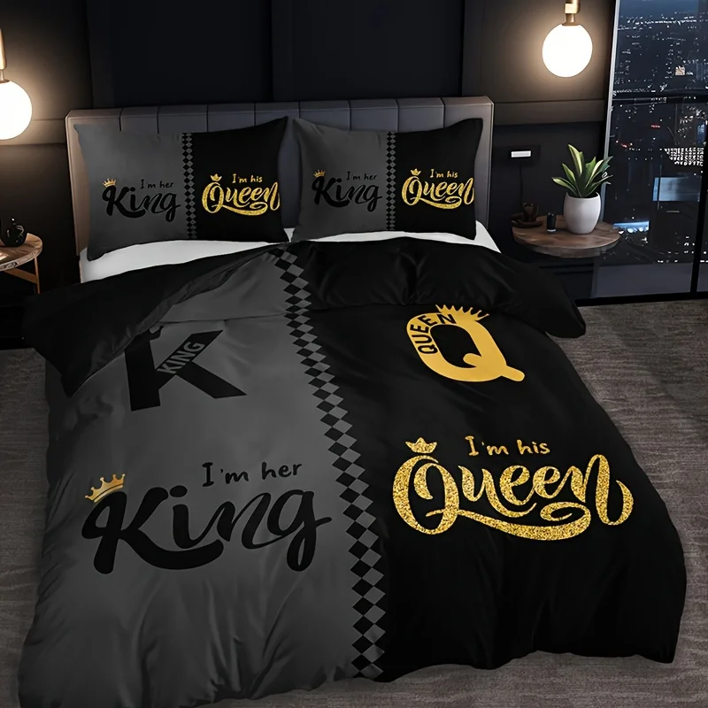 

Black Grey Crown Lettering Duvet Cover Set (1 Duvet Cover+2 Pillowcases) High Definition Printing For Home Dorm Decor Comforter