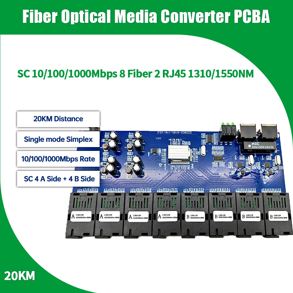 Gigabit 8f2e Ethernet Switch Fiber Optische Media Converter Pcba Board Sc 1310/1550nm 20Km 8 Sc 2 Rj45 Utp