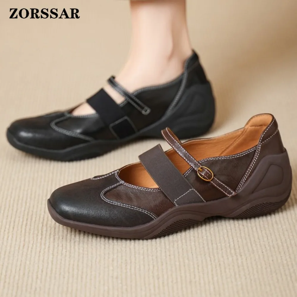 

Women's Genuine Leather Mary Jane Flats Shoes Square Toe Adjustable Buckle Strap Comfortable Soft Sole Casual Daily Walking Shoe