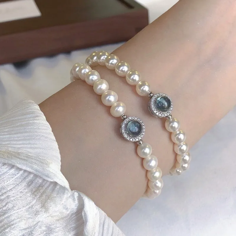 Natürliches Aquamarin-Perlen-Armband, handgestrickt, Charm, echter Schmuck, Perlen-Armreif, Edelstein-Talisman, Accessoires, Geschenke für Frauen