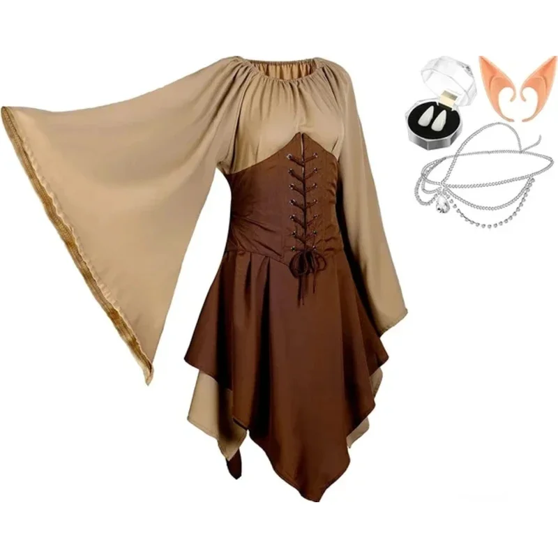 4 Uds Halloween Cosplay Palacio Victoria Medieval Vintage Hada disfraz de elfo para mujer princesa vendaje vestido de Navidad Ptachwork