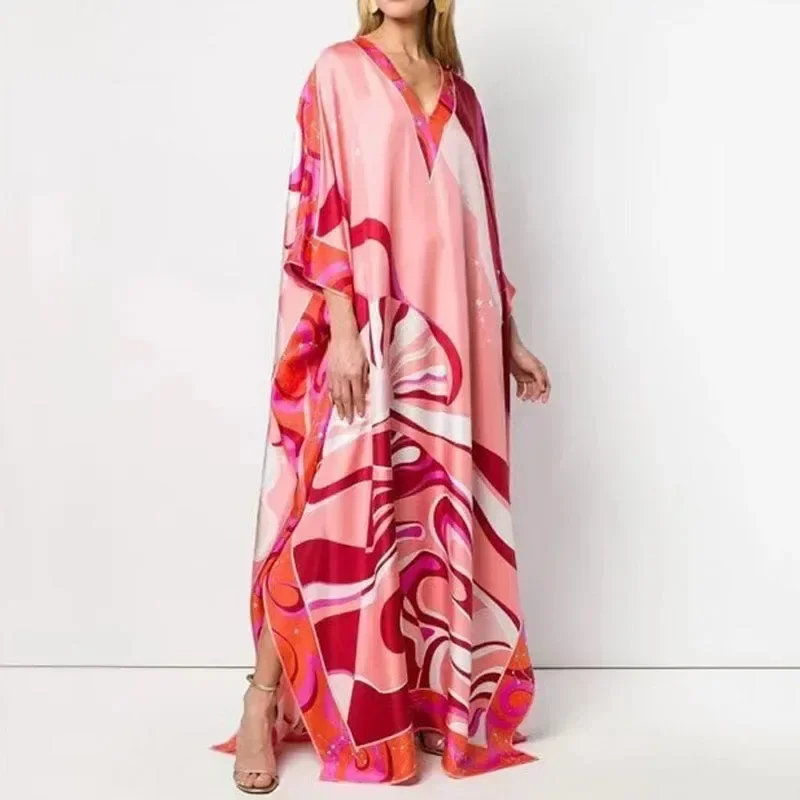 Robe Maxi Élégante à Imprimé Floral pour Femme, Col en V, Respiré, Longue, Style Boho, Décontractée, Fendue, Éducative, Été, 2023