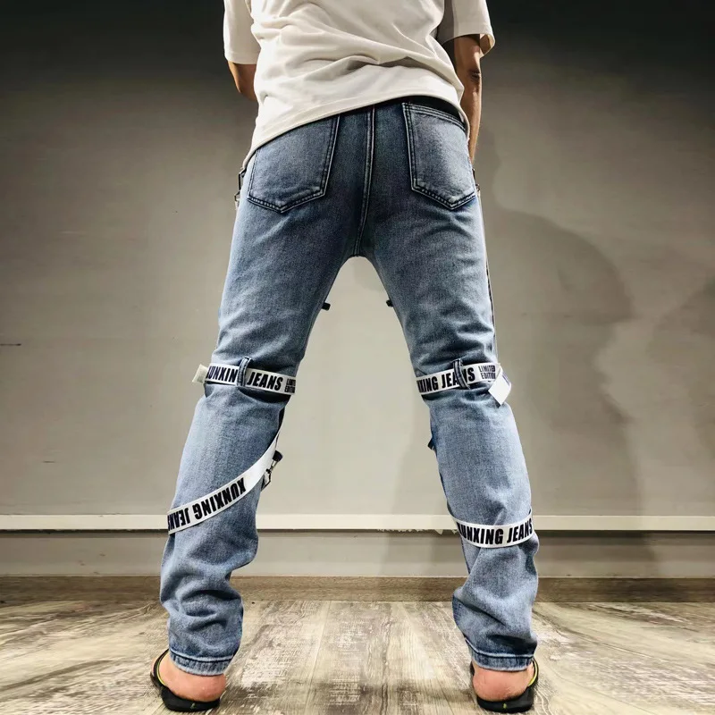 Techwear 2024 Spring New Mens Patch Webbing Denim Trousers Foot Zipper Ripped Jeans Hip Hop Vintage Skinny Jeans Man Cargo Pants