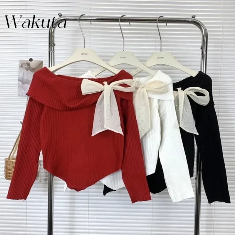 WAKUTA Fashion Red One-shoulder Bow Knit Jumpers Autumn Casual Ladies Long Sleeves Sweaters Poleras De Invierno Mujer  여성 반팔 니트