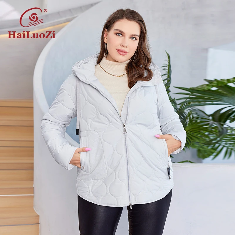 HaiLuoZi 2023 Plus Size Women's Jacket Short Classic Zipper New Winter Coat Thin Cotton Stylish Quilting Pocket Women Parka 3351