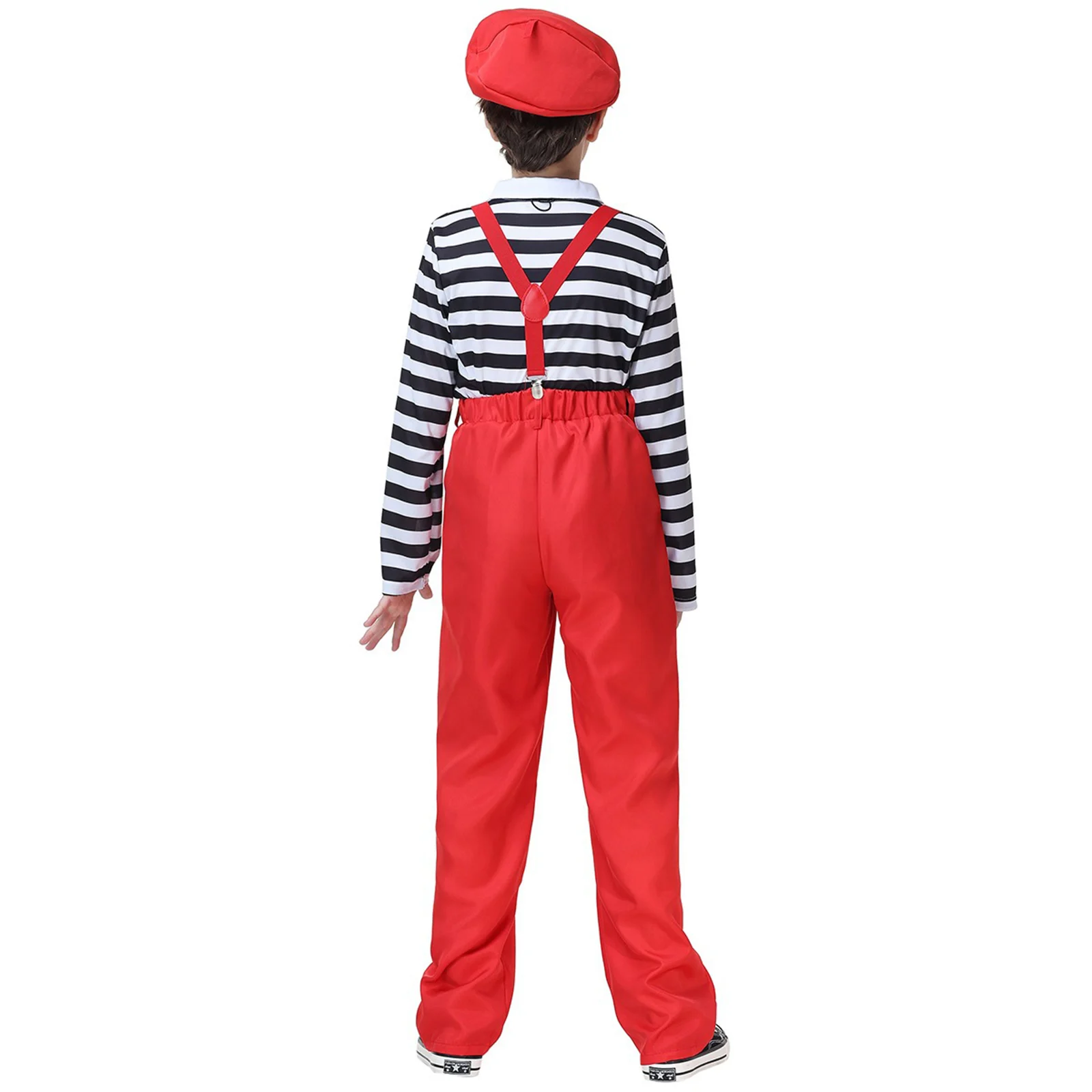 

Kids Boys Girls Circus Ringmaster Costume Long Sleeve Striped T-shirt Suspenders Pants with Hat Child Stage Drama Shows Clothing
