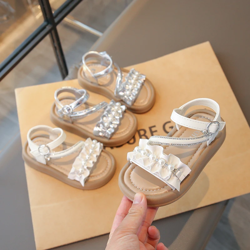 Girls Summer Princess Sandals Ruffle Pearls Decor Open Toe Non-slip Soft Sole Kids Casual Beach Shoes Children Roman Sandals