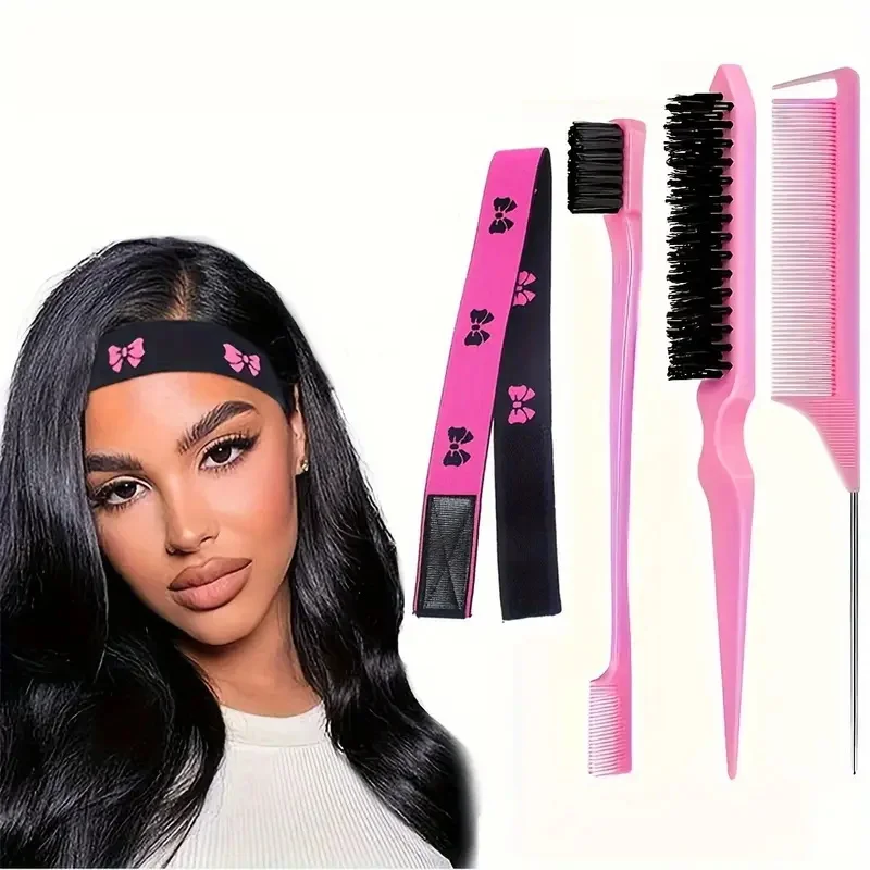 4-Piece Hair Styling Accessory Set for Wigs Elastic Edge Band Pin Tail Comb Fine Tooth Comb Double-Sided Edge Control Brush Kit