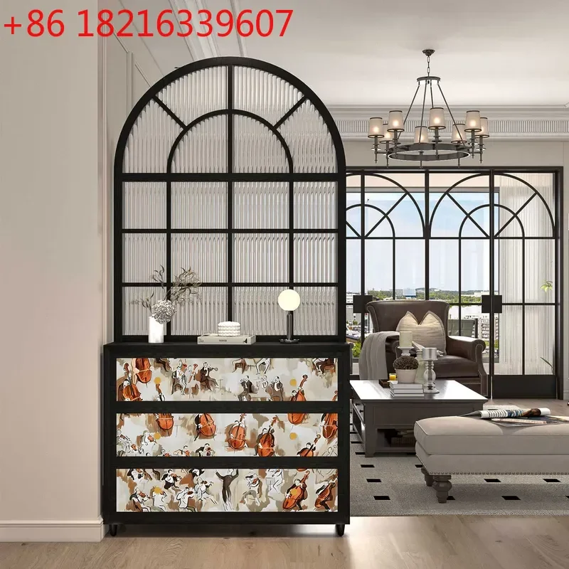 YAORetro Abstract Solid Wood Entrance Cabinet with Changhong Glass Partition Entry Door Screen Living Room Storage Locker