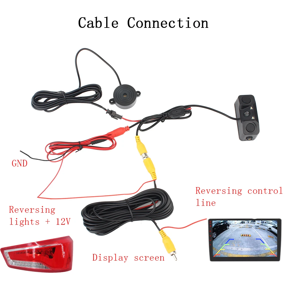 DC 12V 3 In 1 Rear View Camera Car Accessories Reversing Radar Sensor Detector Night Vision Universal LED Light Mini Alarm