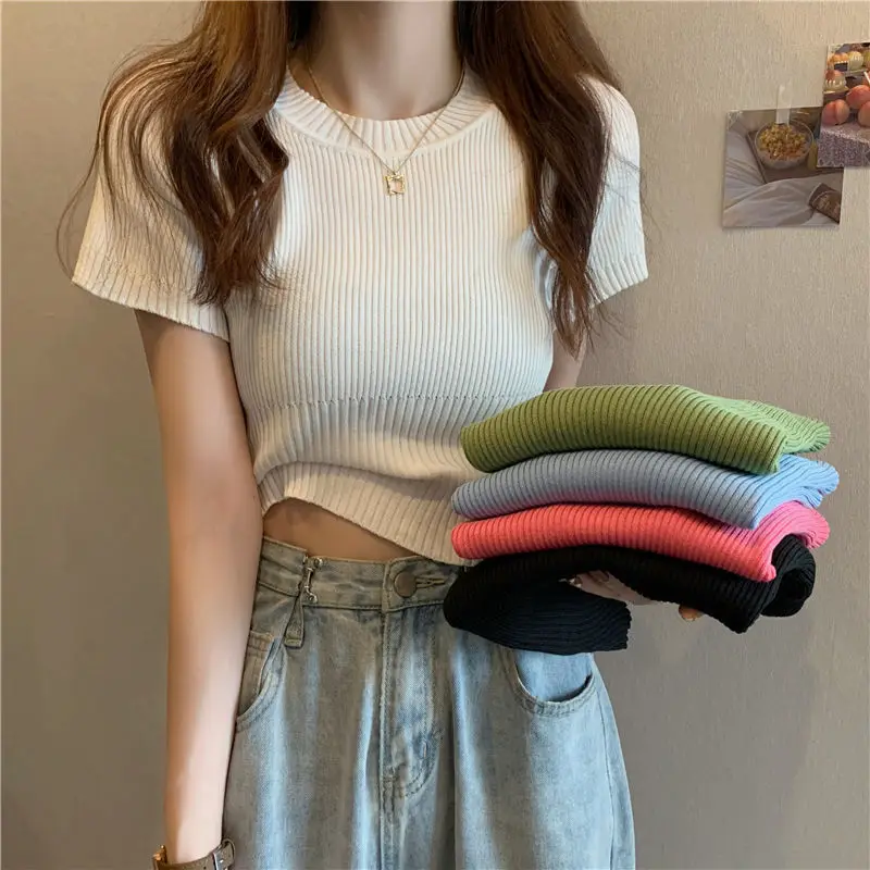 Round Neck White Knitting Female Thin Style Summer 2024 Refreshing Korean Slim Appear Thin Multicolor Short Sleeved Underlay Top