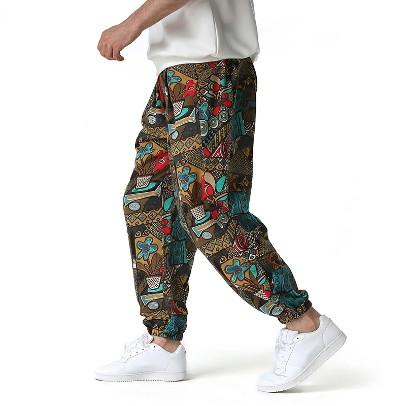 Fashion Traditional Nation Print Cotton Linen Joggers Pants Men Hip Hop Harem Trousers Mens Hippie Casual Streetwear Sweatpants