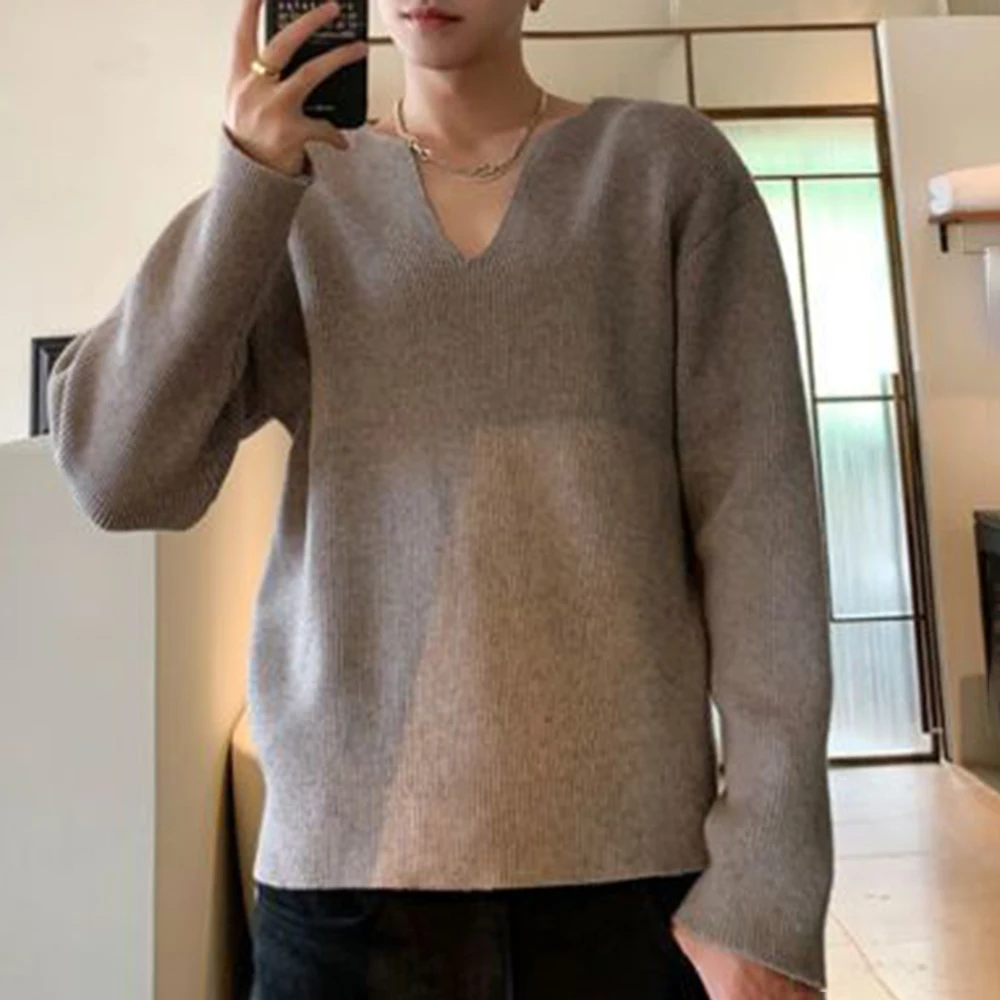 Mens Deep V-Neck Design Knitted Sweater Korean Version Niche Internet Celebrity Temperament Base Pullover Men's Clothing 2024