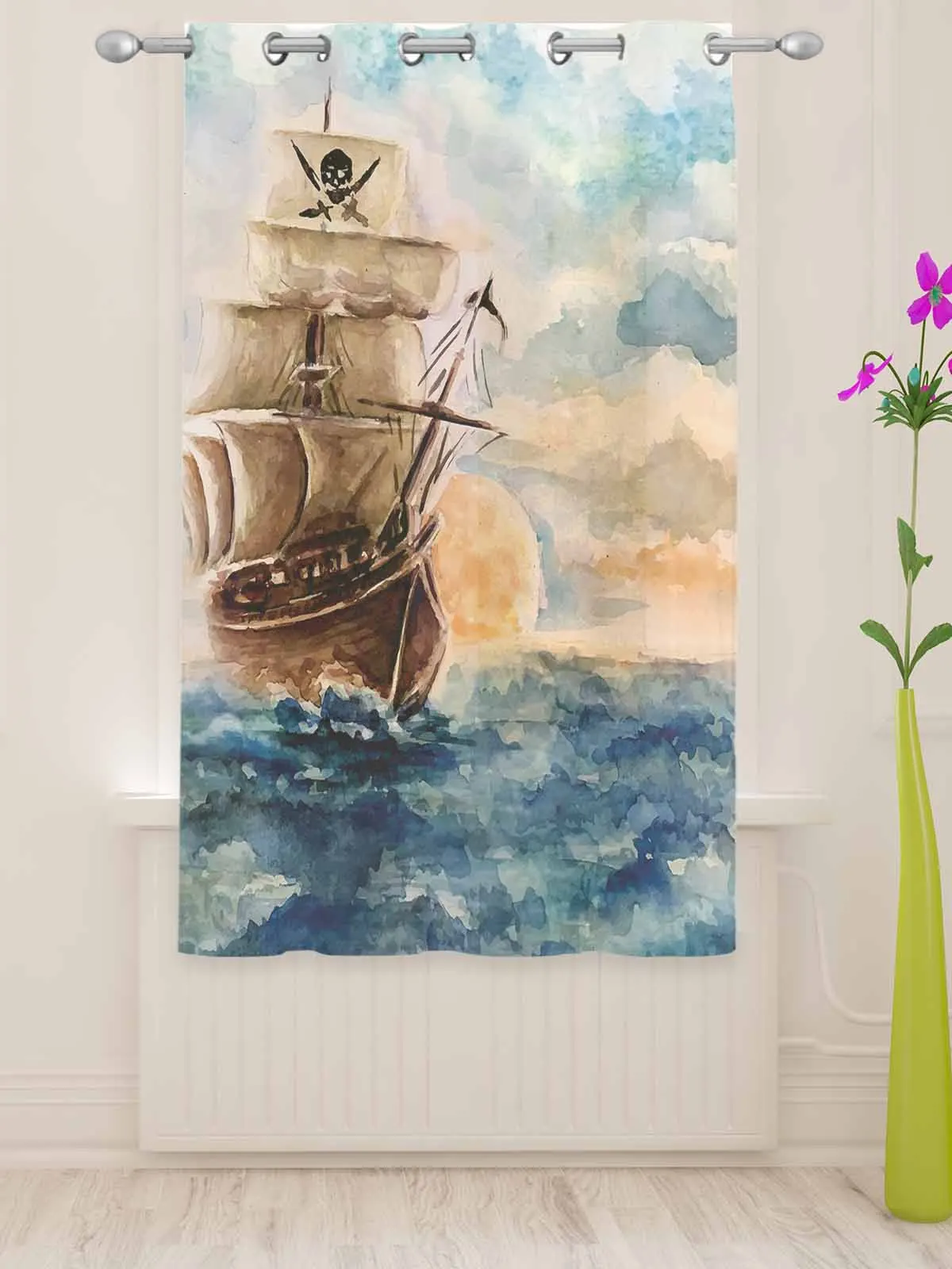 Oil Painting Style Pirate Boat Sheer Curtains For Living Room Window Transparent Voile Tulle Curtain Cortinas Drapes Home Decor